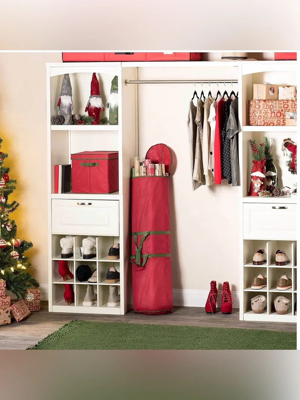 Holiday Red Gift Wrap Storage Bag with Green Handles